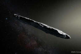 Artist’s concept of interstellar asteroid 1I/2017 U1 (‘Oumuamua) as it passed through the solar system after its discovery in October 2017. The aspect ratio of up to 10:1 is unlike that of any object seen in our own solar system. (European Southern Observatory/M. Kornmesser))