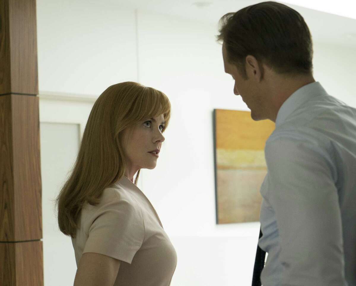 This image released by HBO shows Nicole Kidman, left, and Alexander Skarsgard in "Big Little Lies." Nominations for the 75th annual Golden Globes will be announced on Monday, Dec. 11, 2017. (Hilary Bronwyn Gayle/HBO via AP)