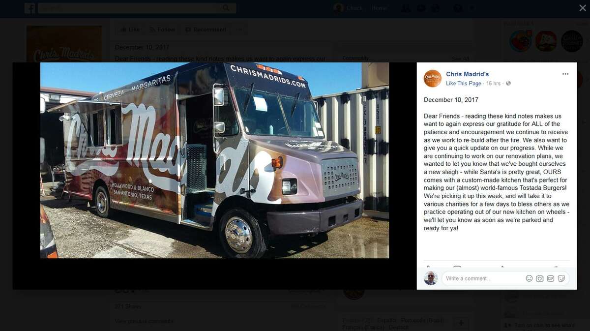 Chris Madrid's announced on its Facebook page that while the restaurant undergoes repairs after a fire, it purchased a food truck that it will roll out to San Antonio events in coming weeks.