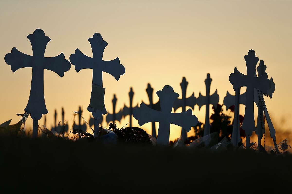 Detail of 26 crosses Nov. 30 in Sutherland Springs for those killed in the mass shooting at the First Baptist Church of Sutherland Springs. The former airman who did the shooting should never have been able to buy his guns in the first place. A mistake by the Air Force made that possible.