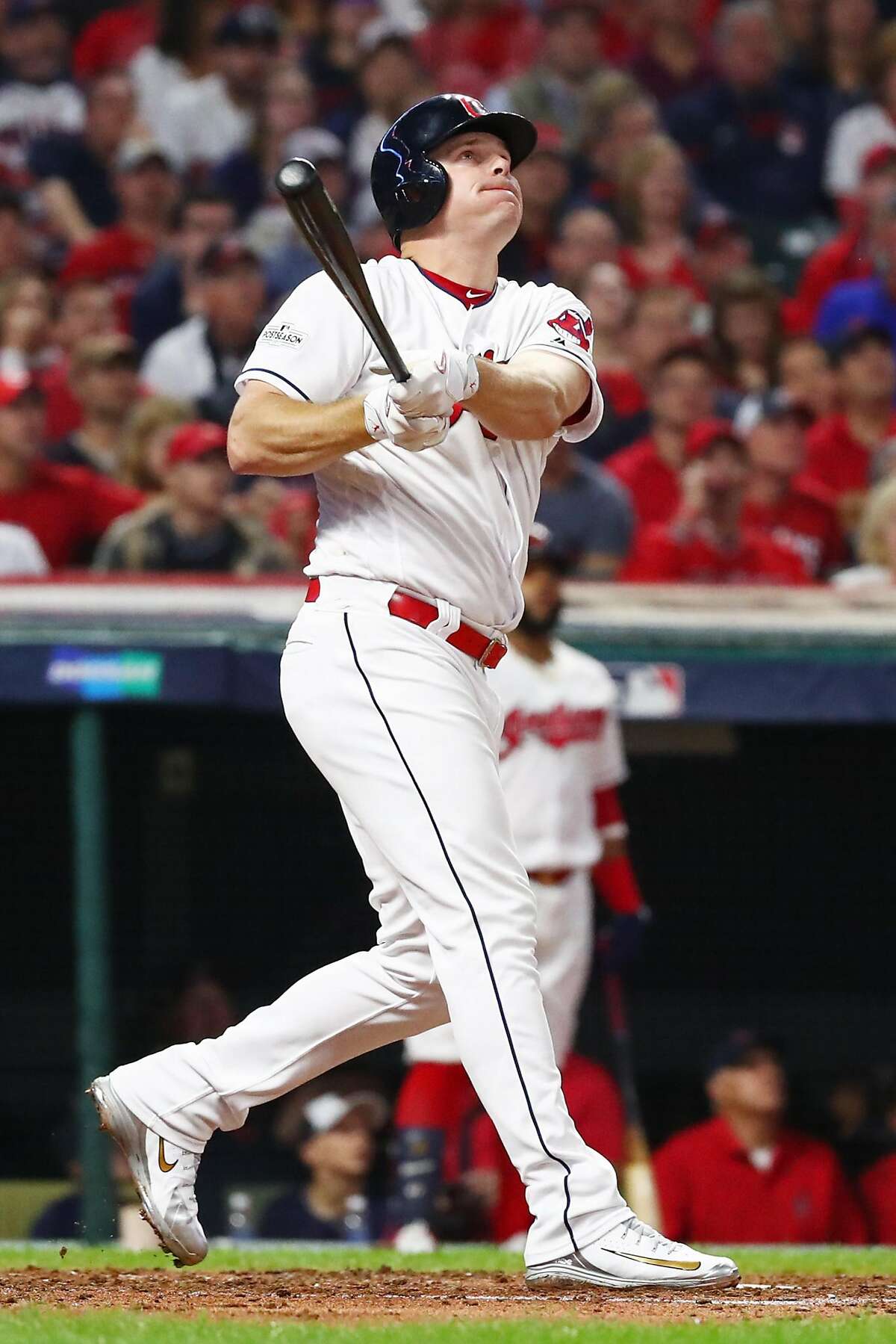 CLEVELAND, OH - OCTOBER 05: Jay Bruce #32 of the Cleveland Indians hits a two-run home run during the fourth inning against the New York Yankees during game one of the American League Division Series at Progressive Field on October 5, 2017 in Cleveland, Ohio. (Photo by Gregory Shamus/Getty Images)