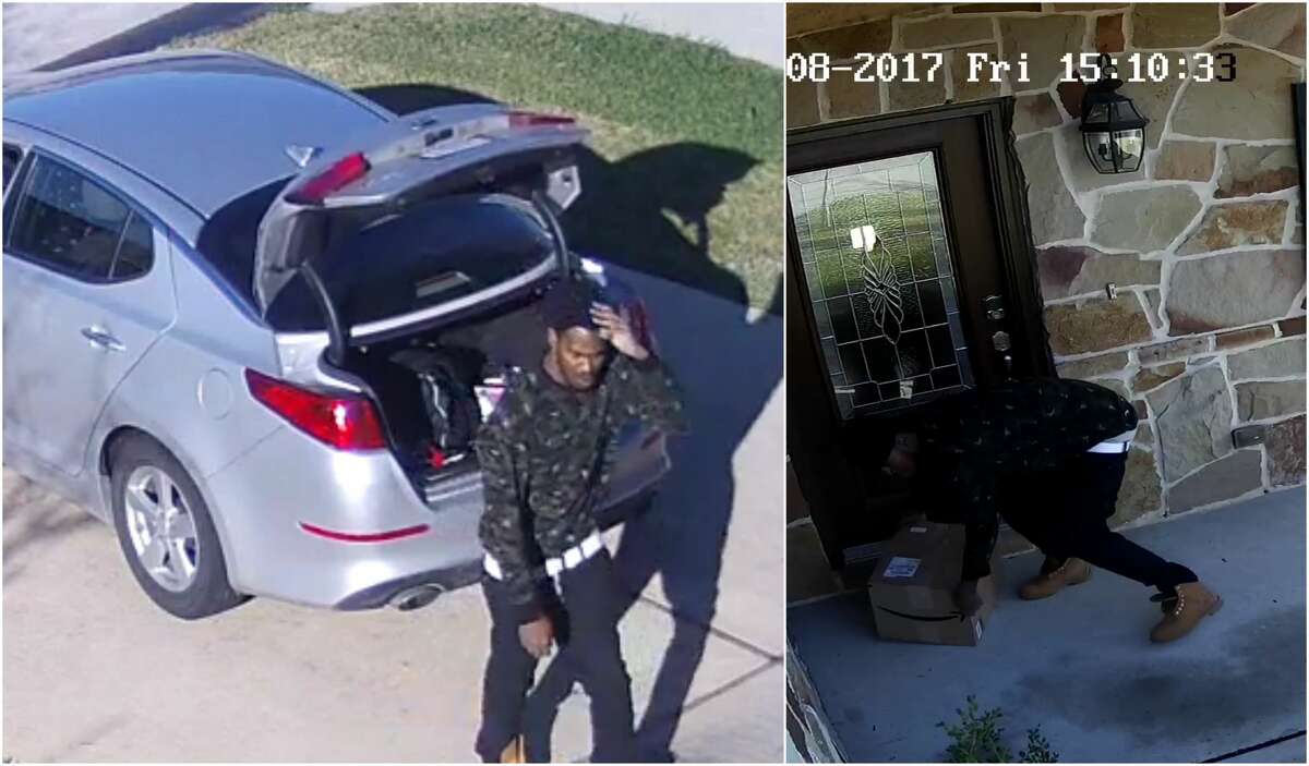 A package thief was caught on surveillance video tripping over himself while stealing a box from the front of a Houston home Dec. 8. It appears on the surveillance images that the package was too heavy for him.