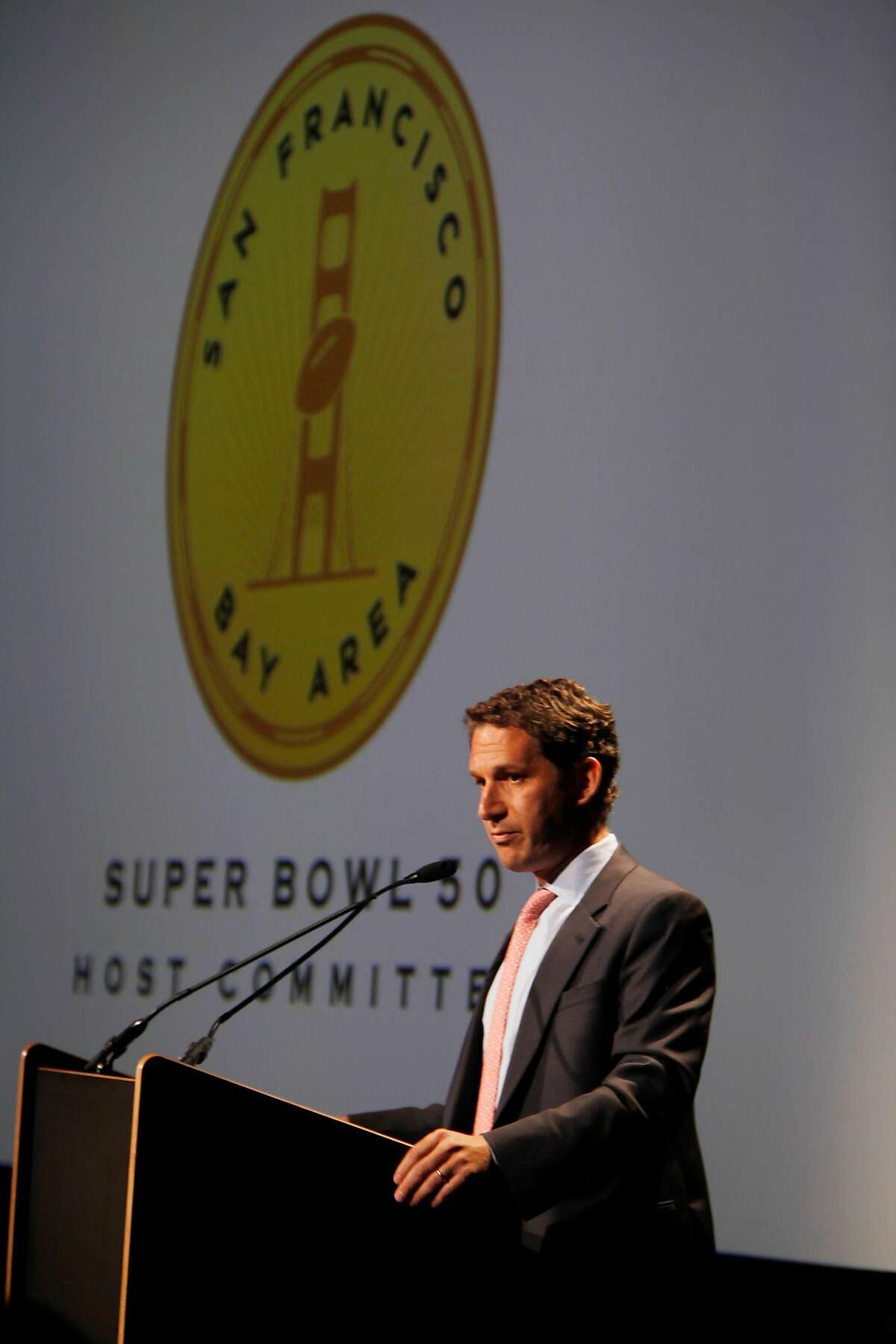 Daniel Lurie, Chair, San Francisco Bay Area Super Bowl 50 Host Committee speaks during a press conference updating plans for the 2016 Superbowl held by the San Francisco Bay Area Super Bowl 50 Host Committee in the Kanbar Forum at the Exploratorium on Thursday June 5, 2014 in San Francisco, Calif.