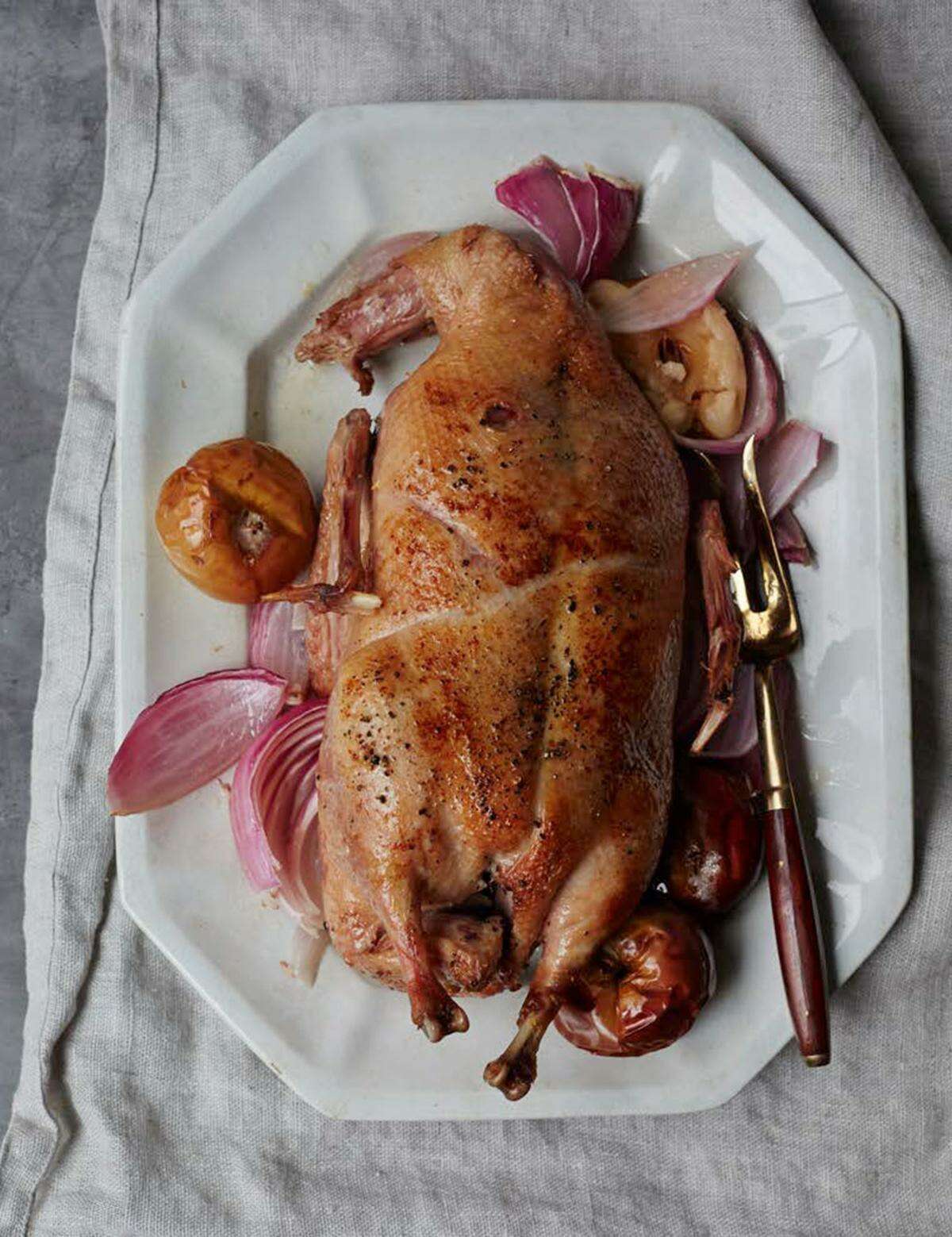 Alsatian roasted goose is a recipe featured in the book The Gifelte Manifesto by Jeffrey Yoskowitz and Lis Alpern.