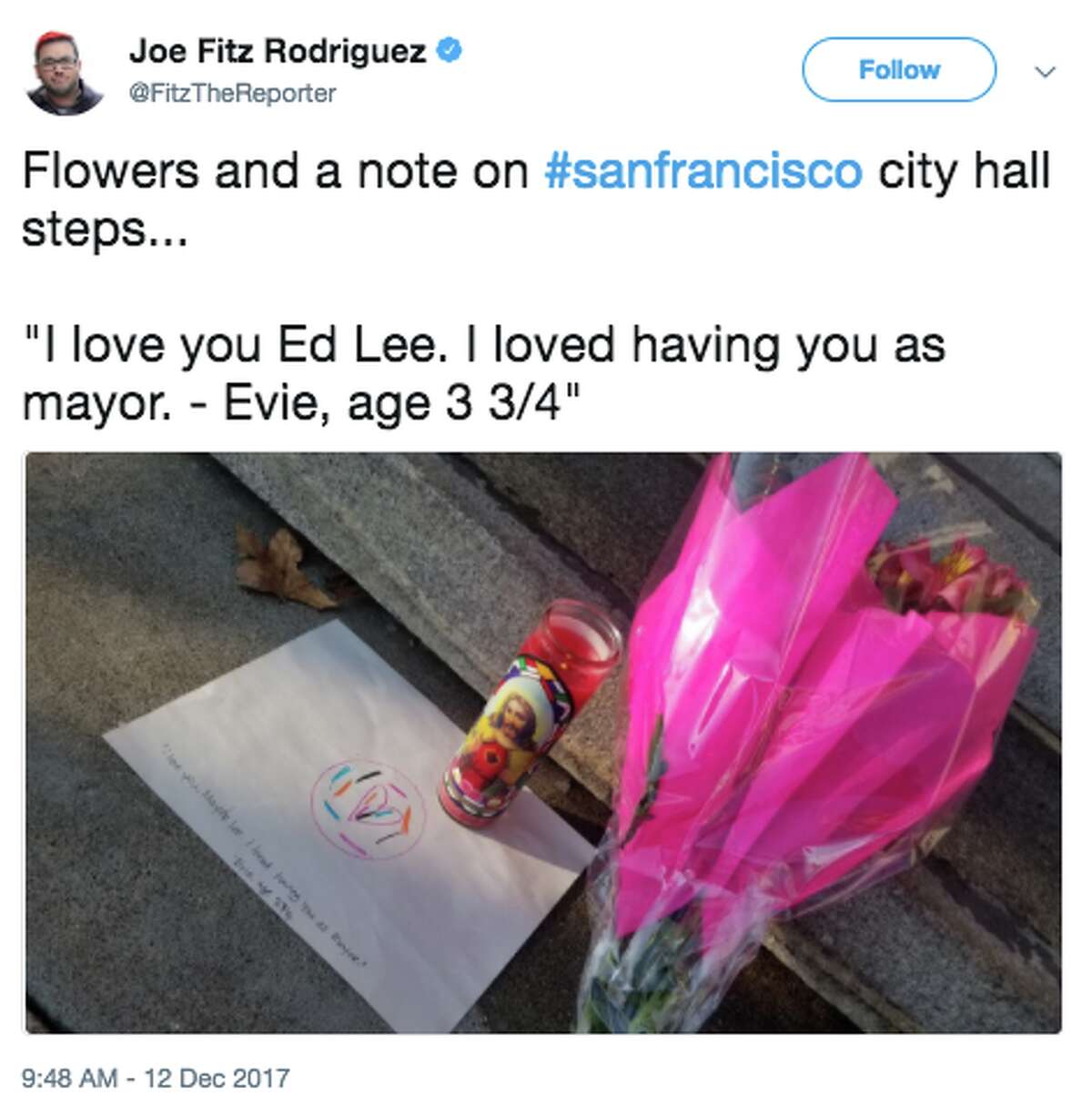 Flags around San Francisco flew at half-staff and many left flowers and notes at City Hall to honor San Francisco Mayor Ed Lee who passed away early Tuesday morning.