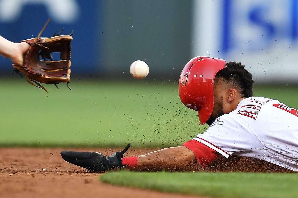 CINCINNATI, OH - JULY 15: (One of a set of 117 sports images) Billy Hamilton #6 of the Cincinnati Reds steals second base in the second inning against the Washington Nationals at Great American Ball Park on July 15, 2017 in Cincinnati, Ohio. (Photo by Jamie Sabau/Getty Images)