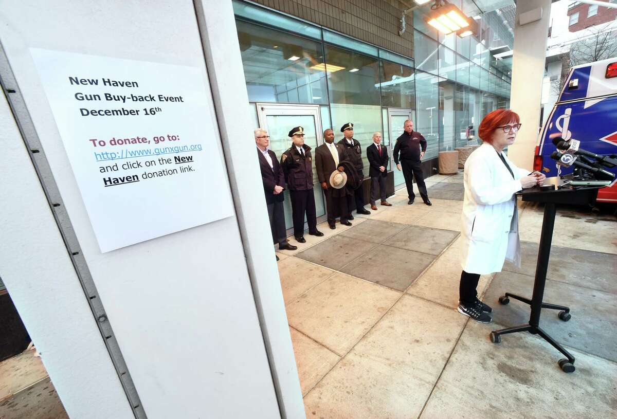 Dr. Gail D’Onofrio, chief of emergency services at Yale New Haven Hospital, speaks during a news conference in an ambulance bay at the hospital Tuesday.