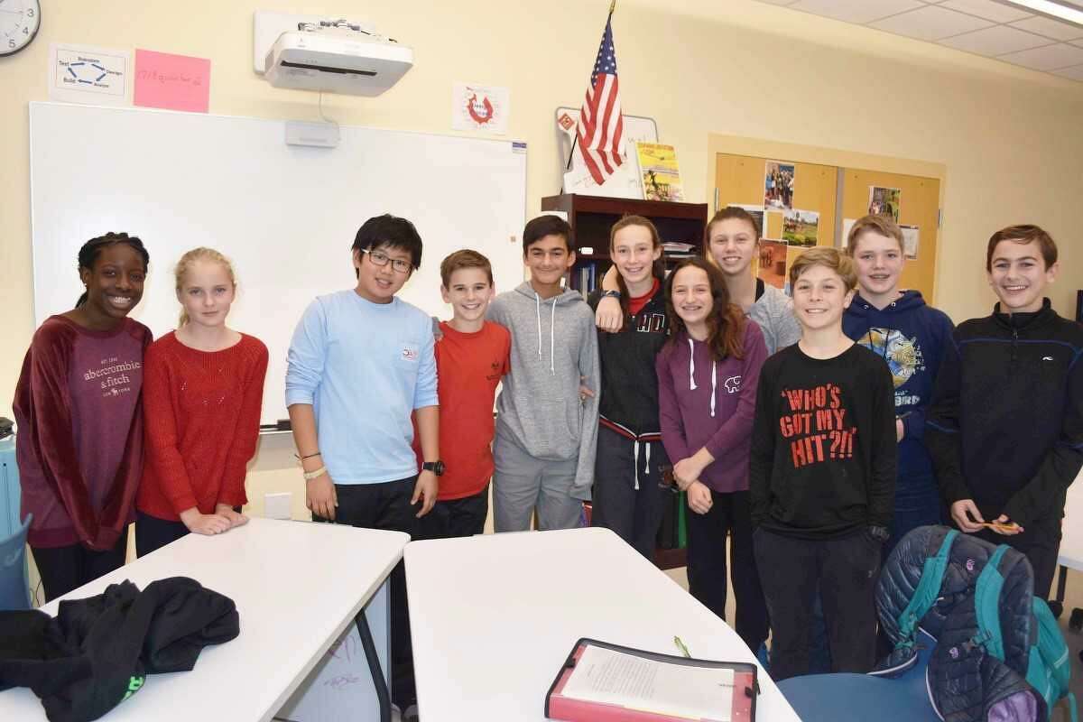 The Saxe Middle School seventh graders in New Canaan, Conn.whose project made state finals for the Samsung Solve For Tomorrow contest. Pictured are (left-right): Danielle Asare, MadelineErnst, Andy Li, Olly Gray, Hari Joshi, Polly Parsons, Emily Fox, Bella DeFelice, AJ Belle, Gilbert Clay, and Aidan McLaughlin.