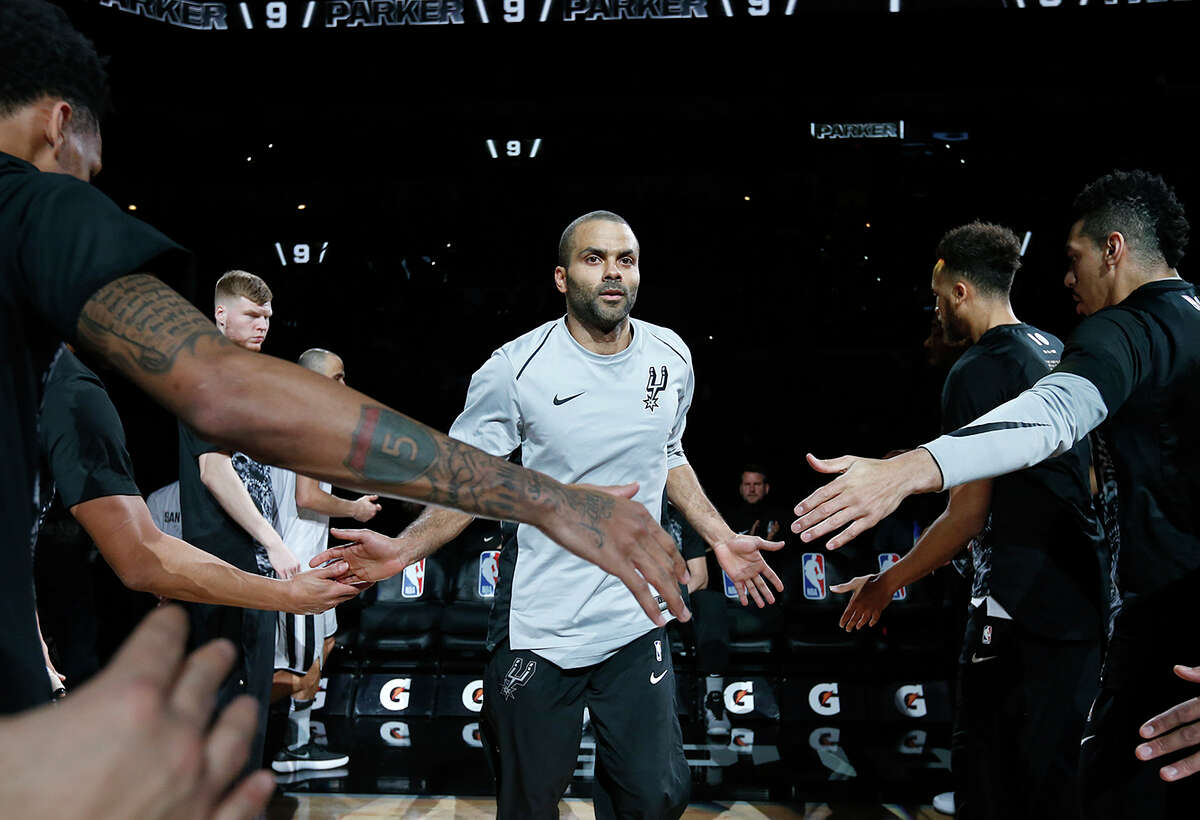 San Antonio Spurs' Tony Parker is introduced before the game with the Denver Nuggets Saturday Jan. 13, 2018 at the AT&T Center.