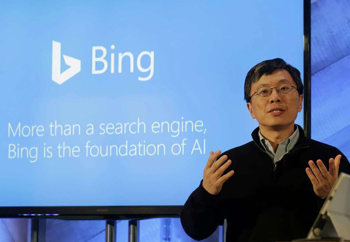 Harry Shum,Â executive vice president ofÂ Microsoft'sÂ Artificial Intelligence and Research, speaks at a Microsoft event in San Francisco, Wednesday, Dec. 13, 2017. Microsoft rolled out new features on its Bing search engine powered by artificial intelligence, including one that summarizes the two opposing sides of contentious questions, and another that measures how many reputable sources are behind a given answer. (AP Photo/Jeff Chiu)