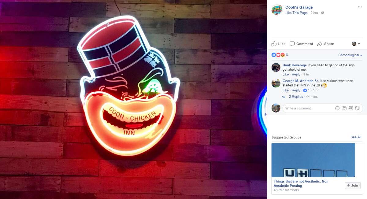 Blackface controversies in the news A controversial sign at Cook's Garage in Lubbock, noted in a 2017 social media post, featured a neon caricature of an African-American male with the words "Coon Chicken Inn" written inside its mouth. 
