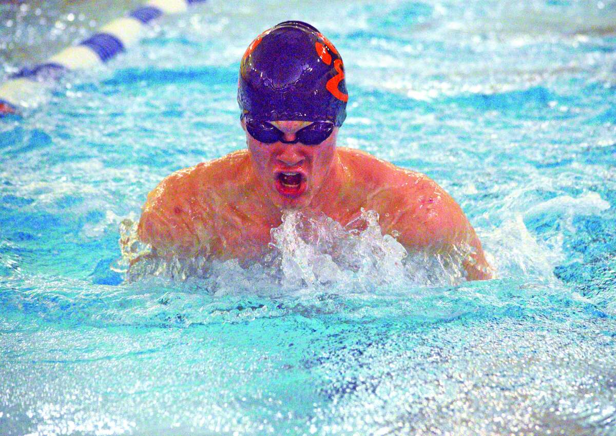 Edwardsville sophomore McLain Oertle competes in the 200-yard medley relay during Thursday’s dual meet against O’Fallon at Chuck Fruit Aquatic Center.