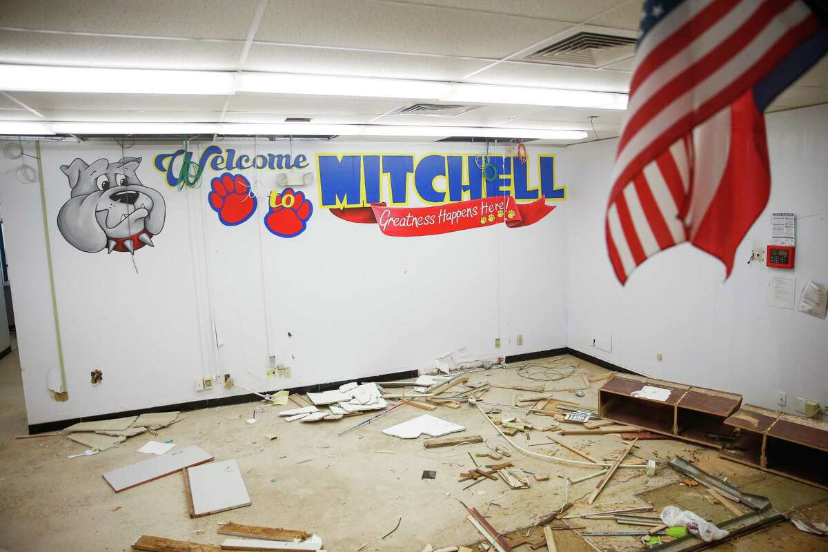 Debris sits where the front office used to be at Mitchell Elementary on Thursday﻿ in Houston. The school was flooded with about two feet of water during Hurricane Harvey and will be demolished and rebuilt. ﻿
