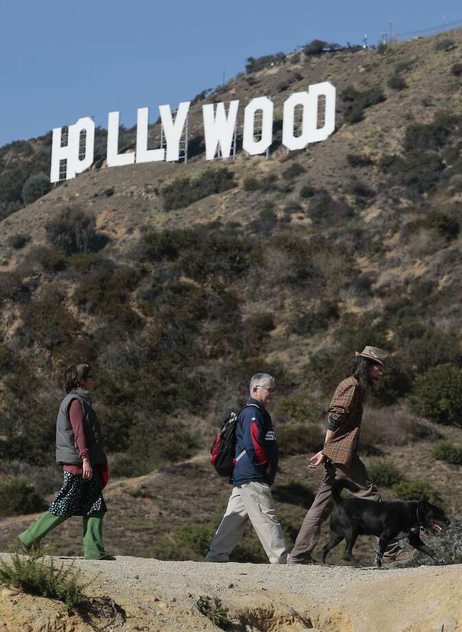 a group of hikers walks their dog in griffith park near the