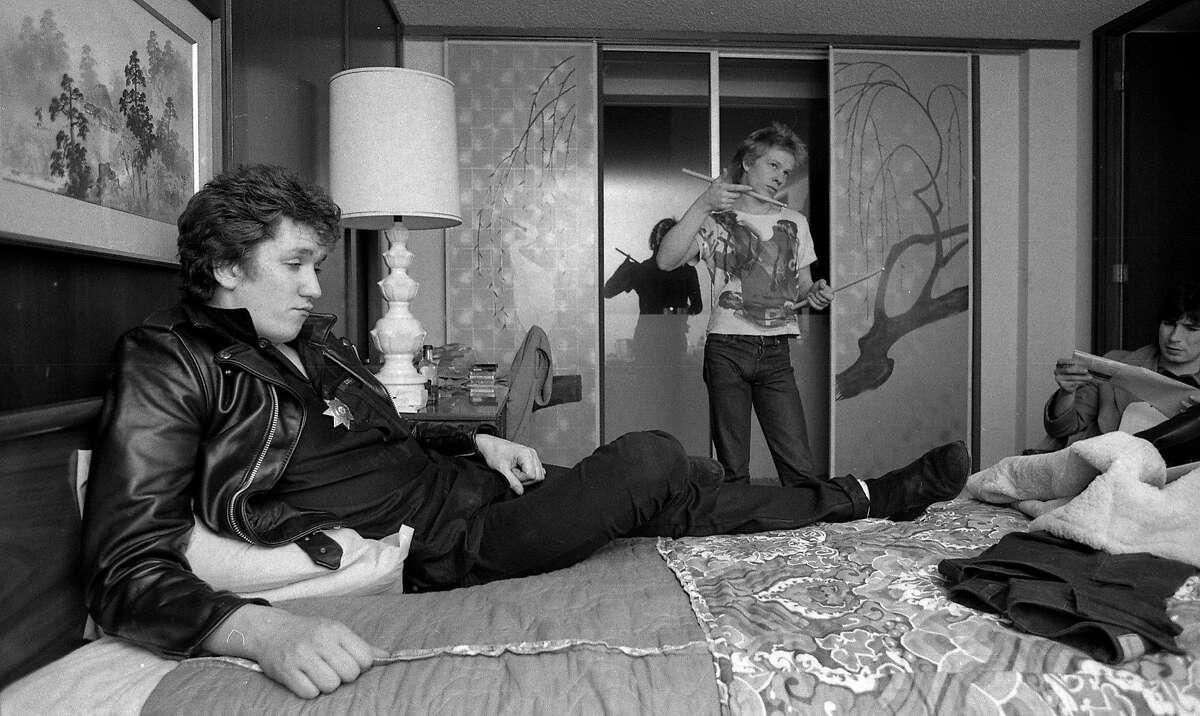 Guitarist Steve Jones and drummer Paul Cook of the punk rock band the Sex Pistols are interviewed in their hotel room in San Francisco by Steve Rubenstein, 01/13/1978. The Sex Pistols would play their last concert before breaking up at Winterland on Jan. 14, 1978.