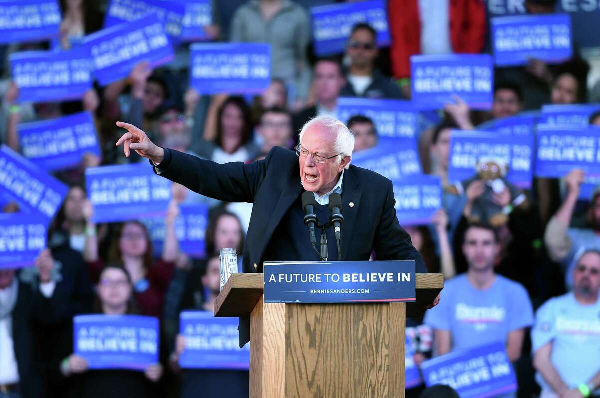 (Arnold Gold-New Haven Register) Democratic presidential candidate Bernie Sanders speaks at a rally on the New Haven Green on 4/24/2016.