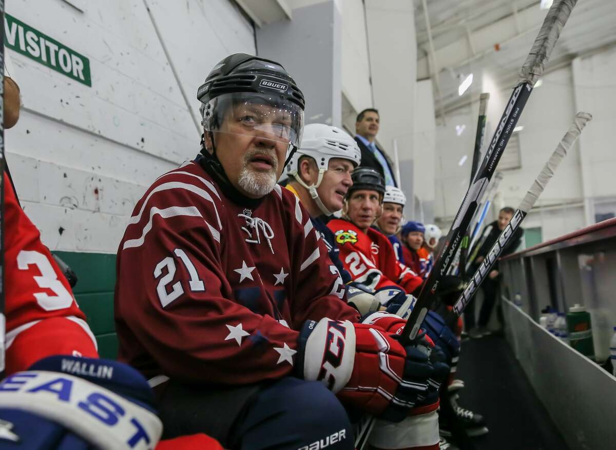 December 2, 2017: Former Washington Capitals Dennis Maruk and fellow players sit in the players' box during the NHL Alumni Charity Game for Hurricane Harvey Relief event at the Willowbrook Aeorodome in Houston, Texas. (Leslie Plaza Johnson/Freelance