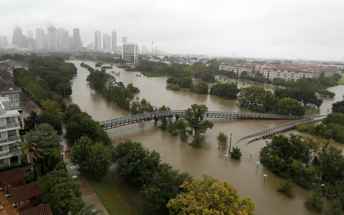 Overhead view of the floods from Buffalo Bayou on Memorial Drive and Allen Parkway, as heavy rains continued falling from Hurricane Harvey, Monday, Aug. 28, 2017, in Houston.