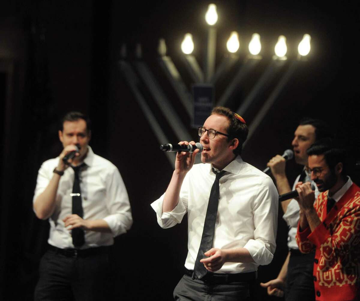 The Maccabeats perform at the Chanuka Concert presented by Chabad of Greenwich Community Center at Greenwich High School in Greenwich, Conn. Sunday, Dec. 17, 2017. The Jewish a cappella group The Maccabeats headlined the show with an entertaining array of holiday and pop music. Carmel Academy's Angels & Prophets also performed a set and Rabbi Yossi Deren lit the menorah with First Selectman Peter Tesei.