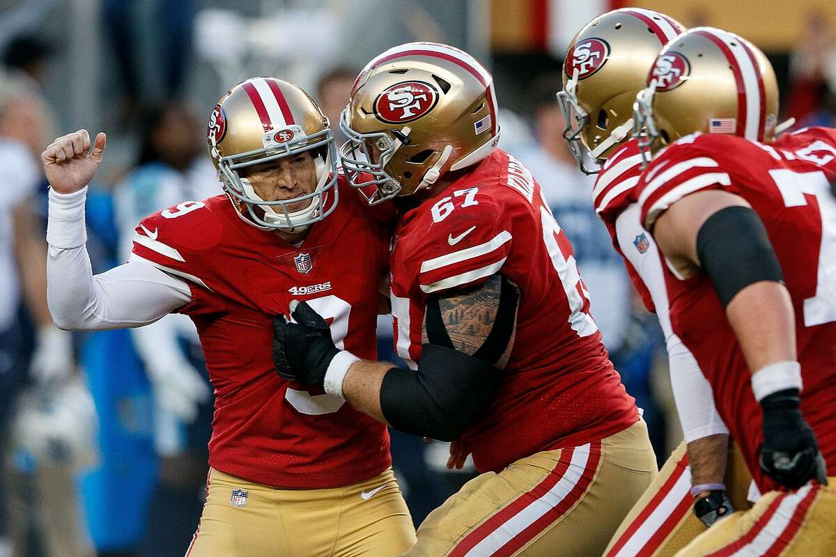 SANTA CLARA, CA - DECEMBER 17: Kicker Robbie Gould #9 of the San Francisco 49ers celebrates after kicking the game winning field goal against the Tennessee Titans during the fourth quarter at Levi's Stadium on December 17, 2017 in Santa Clara, California. The San Francisco 49ers defeated the Tennessee Titans 25-23. (Photo by Jason O. Watson/Getty Images)