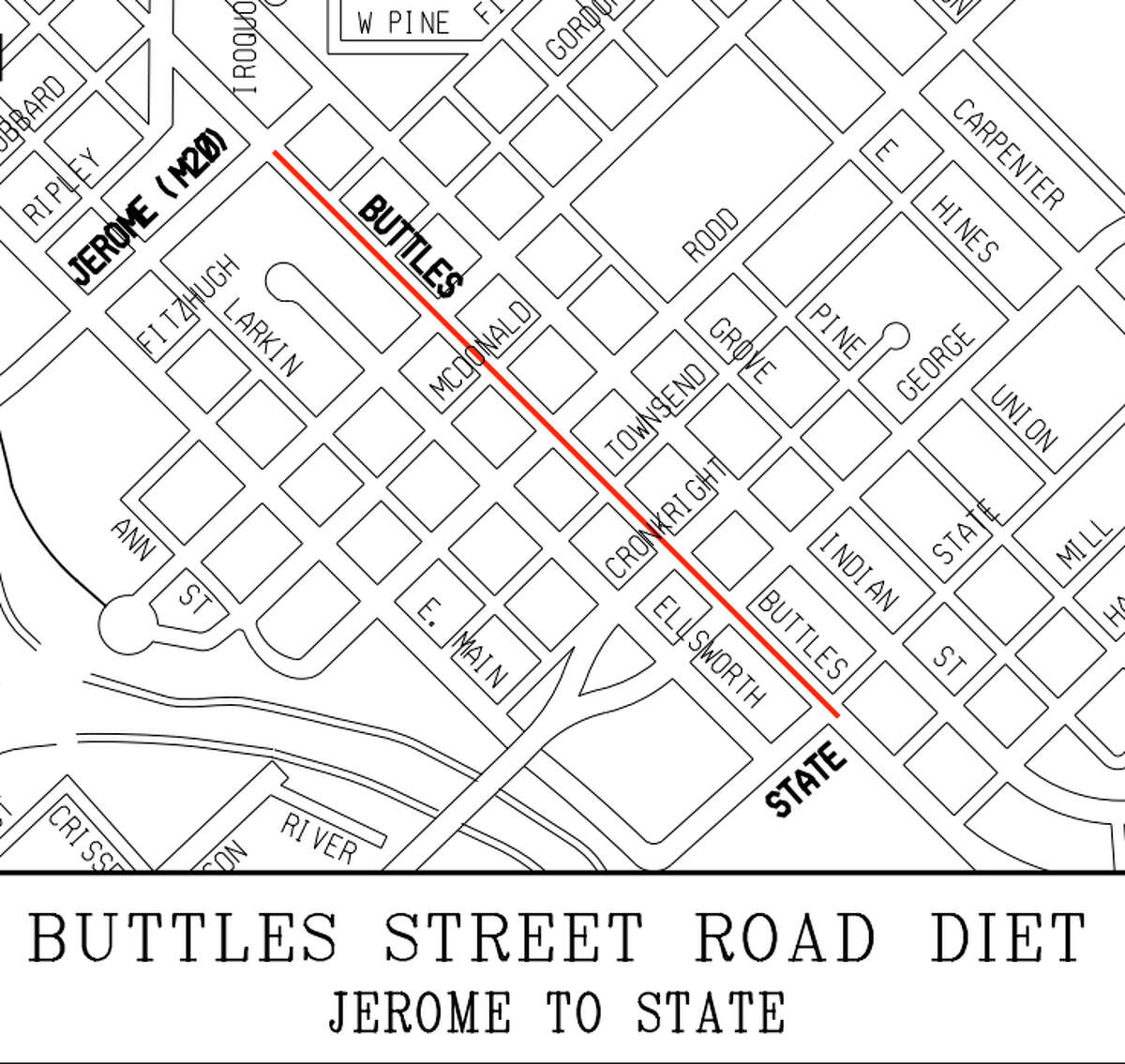 The proposed road diet would convert the three lanes on Buttles Street to two lanes. (Courtesy of the City of Midland)