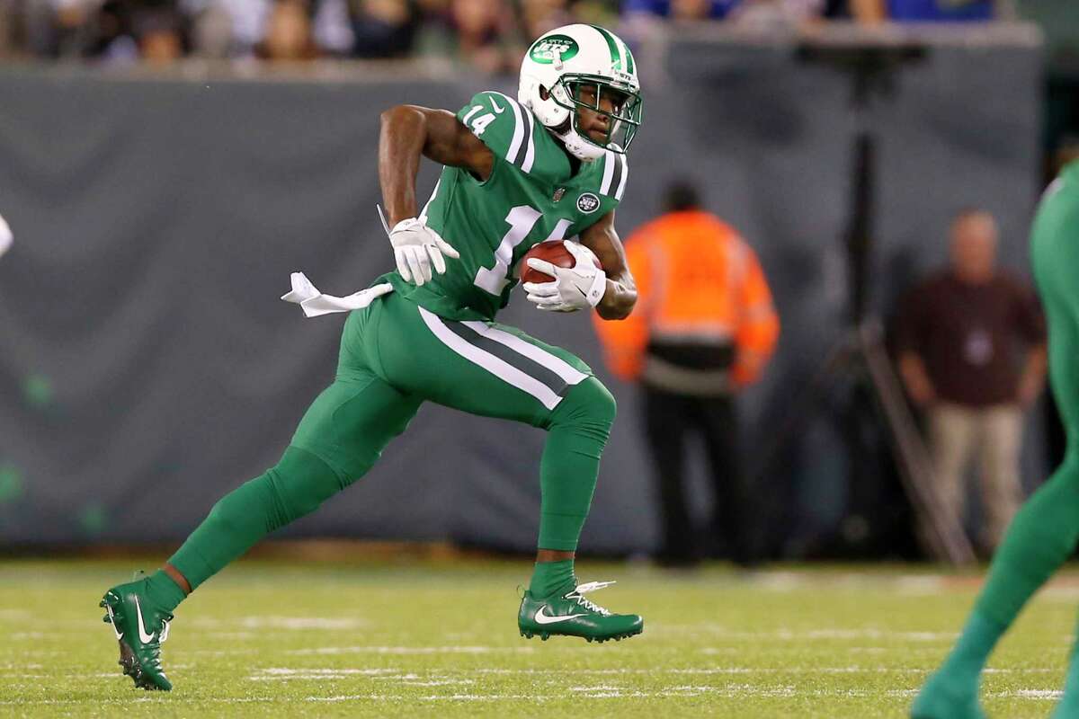 FILE - This Nov. 2, 2017 file photo shows New York Jets' Jeremy Kerley (14) running with the ball against the Buffalo Bills during the first half of an NFL football game in East Rutherford, N.J. The Jets have waived Kerley, who had been on a one-week roster exemption following a four-game suspension for violating the NFL's policy on performance enhancers. The Jets had until 4 p.m. EST on Monday, Dec. 18, 2017 to either cut Kerley or make a roster move to clear a spot for the wide receiver. (AP Photo/Kathy Willens)
