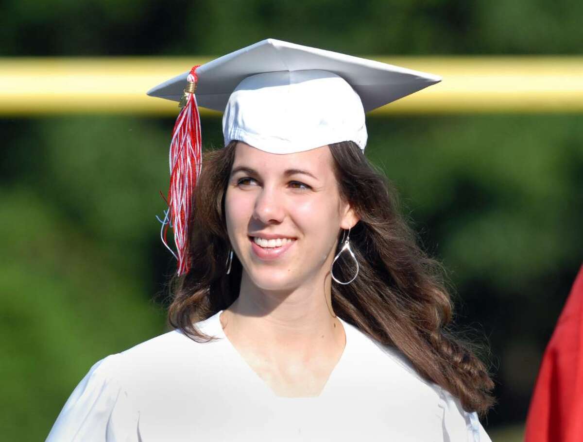 Greenwich High School graduating senior Christina Russell smiles in the processional line during the Greenwich High School 2010 graduation ceremony, Tuesday evening, June 29, 2010.