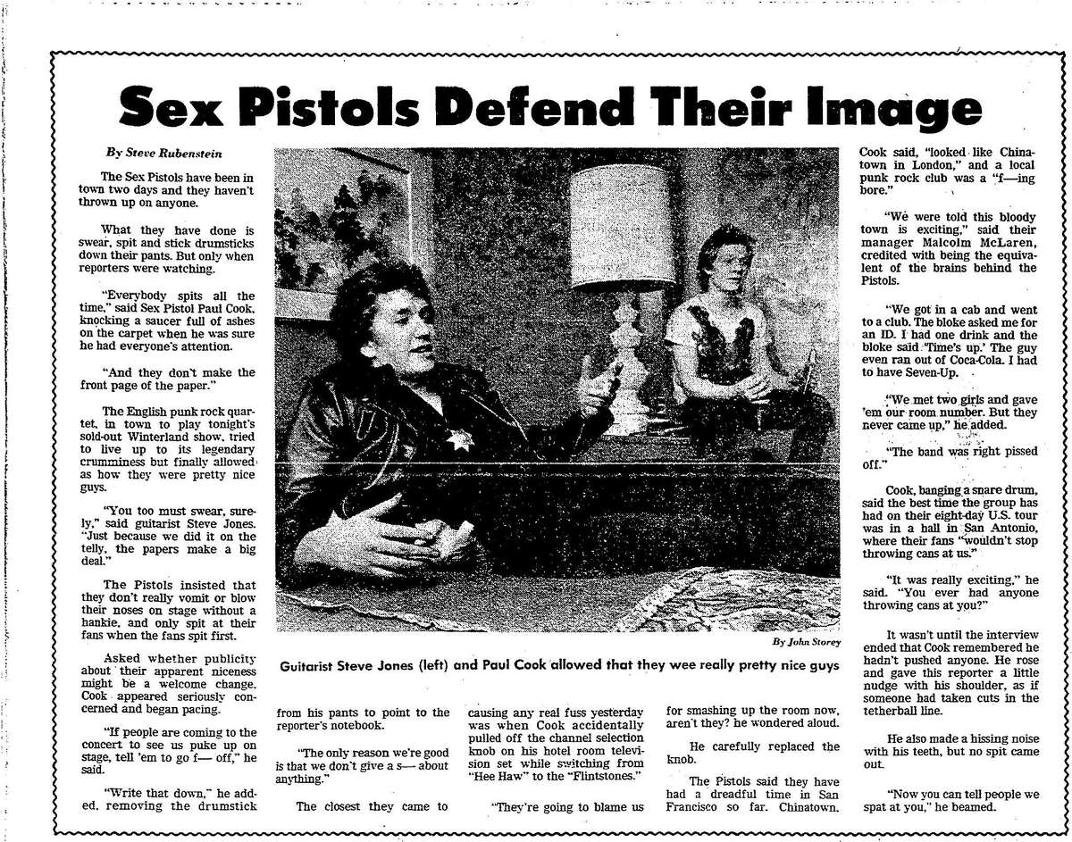 1978年1月14日，《旧金山纪事报》刊登了一篇关于英国朋克乐队“性手枪”来到旧金山的文章