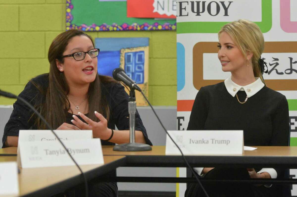 Ivanka Trump, Advisor to Presedent Trump speaks with students including Carol Carera in the Norwalk Early College Academy at Norwalk High School on Monday December 18, 2017 in Norwalk Conn. NECA is part of a growing network of P-TECH schools, an innovative education model developed by IBM to better equip youth with skills to succeed in college and career. Trump and IBM CEO Ginni Rometty spoke with a half dozen students in the program during a panel discussion to highlight the importance of modern skills and career education.