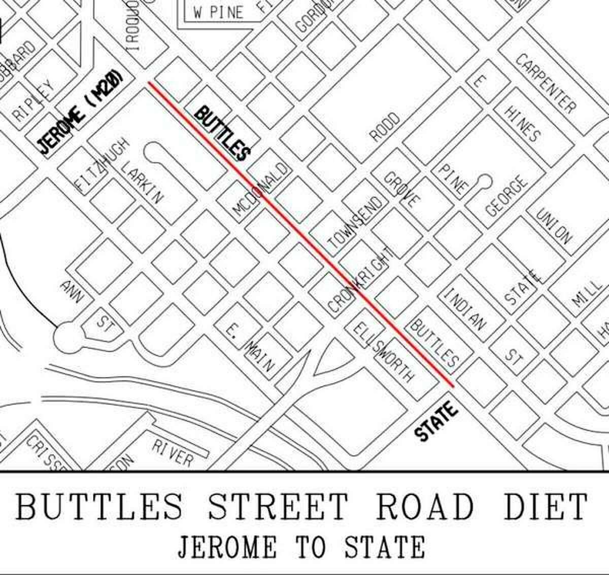 Buttles Street will undergo a lane reduction on a trial basis from Jerome to State streets.