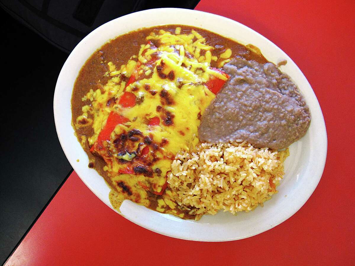 Cheese enchilada plate with rice and beans from Blanco Cafe.