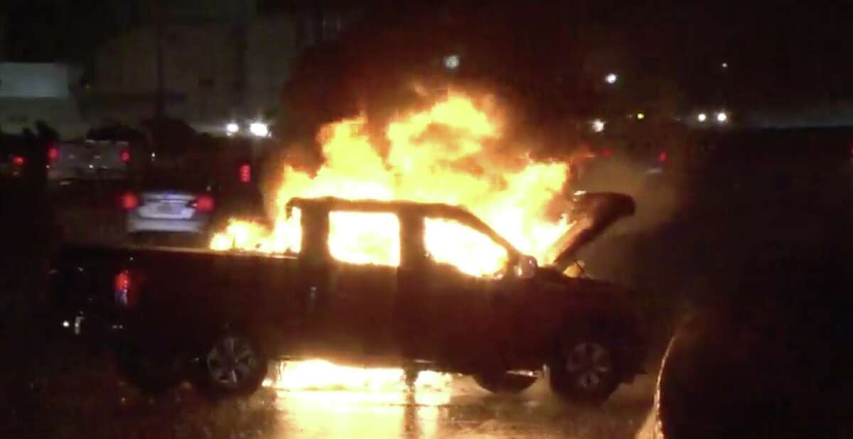 A pickup truck caught fire during a pileup wreck on the Southwest Freeway Tuesday night.