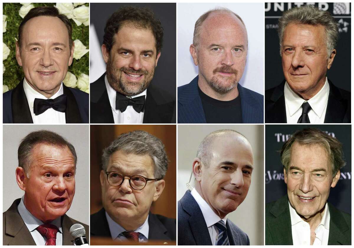 This combination photo shows, top row from left, Kevin Spacey, Brett Ratner, Louis C.K., Distin Hoffman, and bottom row from left, former Alabama Senate candidate Roy Moore, Sen. Al Franken, D-Minn., former “Today” morning co-host Matt Lauer and former “CBS This Morning” co-host Charlie Rose, all of whom have been accused of sexual misconduct.