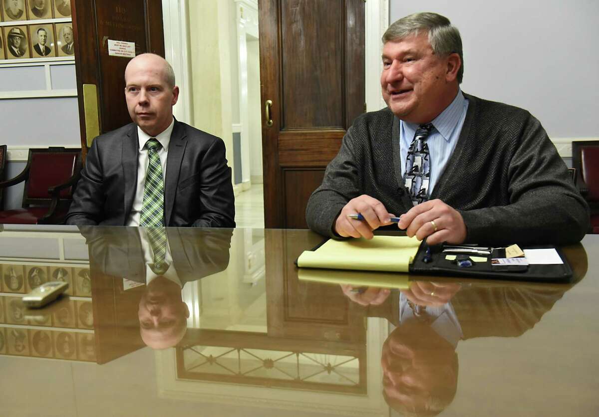 John Polimeni, left, and Ed Kosiur talk to a Times Union reporter at City Hall on Tuesday, Dec. 19, 2017 in Schenectady, N.Y. Ed Kosiur is poised to become the next City Council president. He is expected to name John Polimeni as the majority leader. (Lori Van Buren / Times Union)