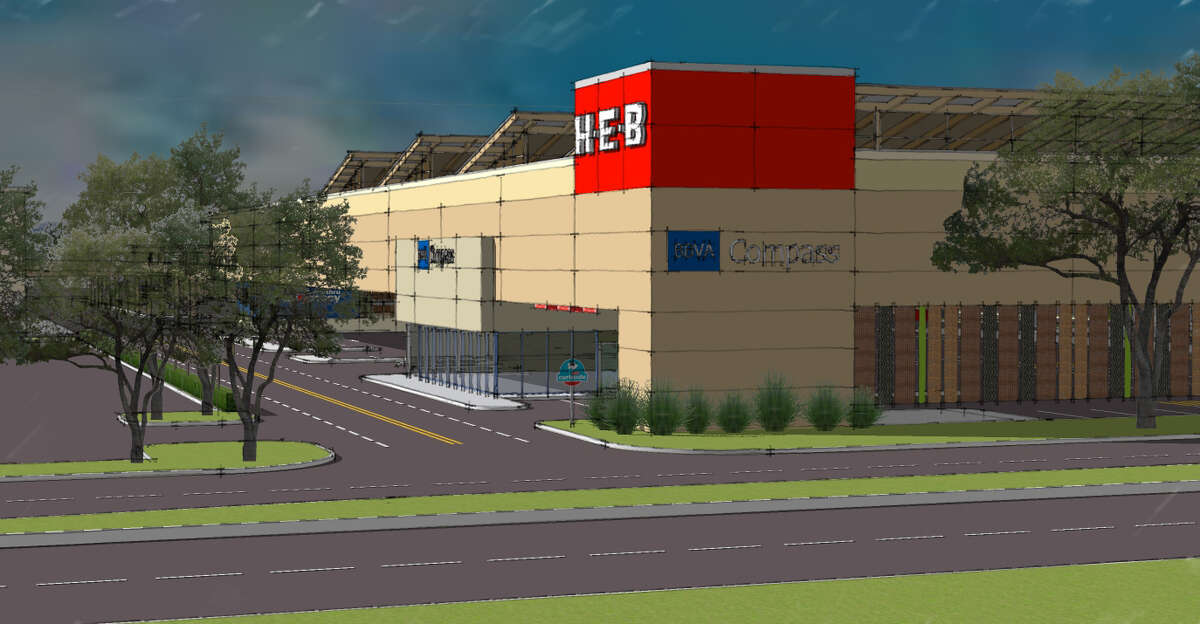 Renderings of a two-story H-E-B to be built in the northwest corner of Meyerland Plaza. The 95,000-square-foot store will include a kosher bakery.