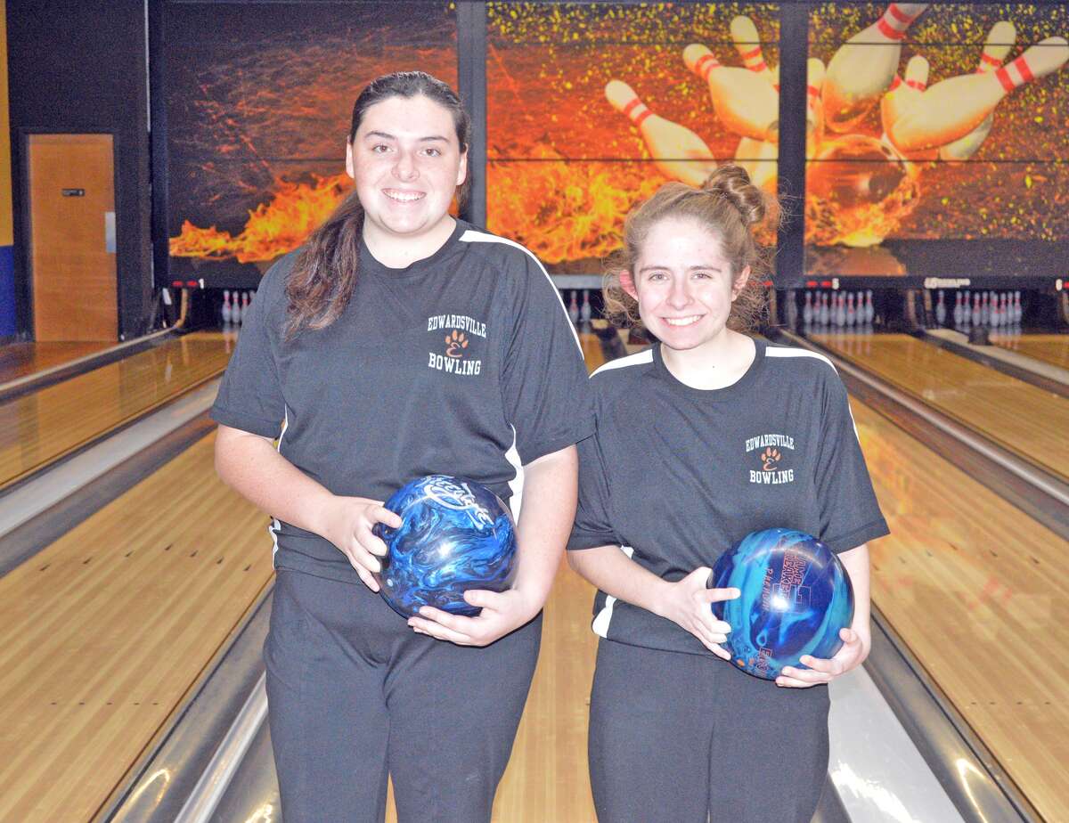 Juniors Sydney Sahuri, left, and Rachel McTague are the leading scorers for the Edwardsville girls’ bowling team.