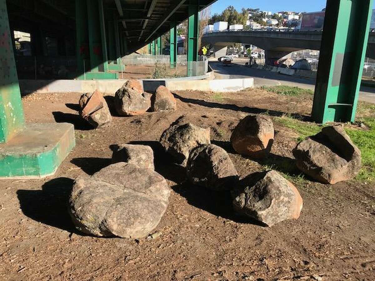 Boulders meant to discourage homeless tent camps were placed under Highway 101 near Cesar Chavez Street in San Francisco in December.