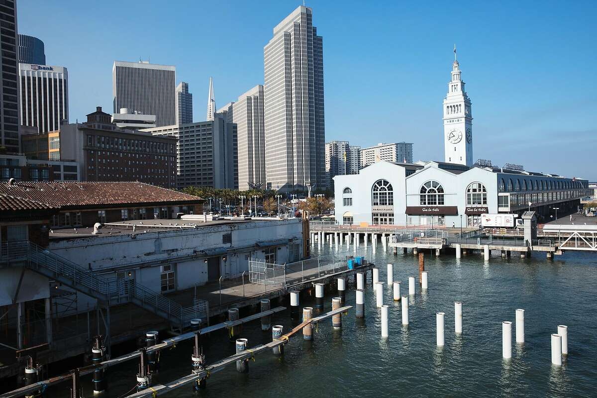New steel pilings are seen from water as construction continues on the expansion of the ferry terminal in San Francisco, Calif. Wednesday, December 13, 2017.