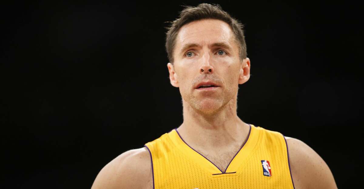 FILE - In this April 1, 2014 file photo, Los Angeles Lakers guard Steve Nash stands on the court against the Portland Trail Blazers during the first half of an NBA basketball game in Los Angeles. Nash announced his retirement Saturday, March 21, 2015 after a 19-year NBA career that included two MVP awards. The 41-year-old Canadian made the announcement Saturday in a letter on The PlayersÃ¢?? Tribune, a website where he is a senior producer. Nash played in just 65 games over the last three seasons with the Lakers due to injuries. His announcement was a long-expected formality.(AP Photo/Danny Moloshok, File)
