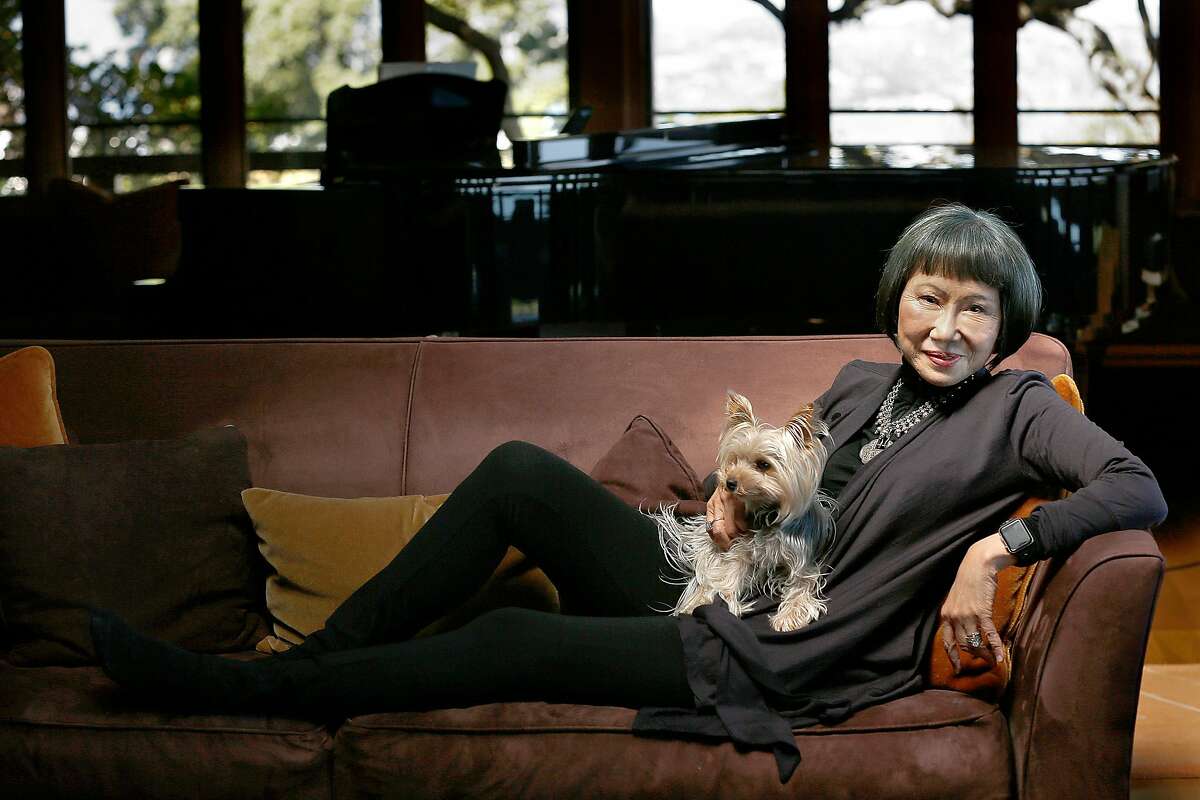 Amy Tan at home with Bobo on Monday, September 25, 2017, in Sausilito, Calif.