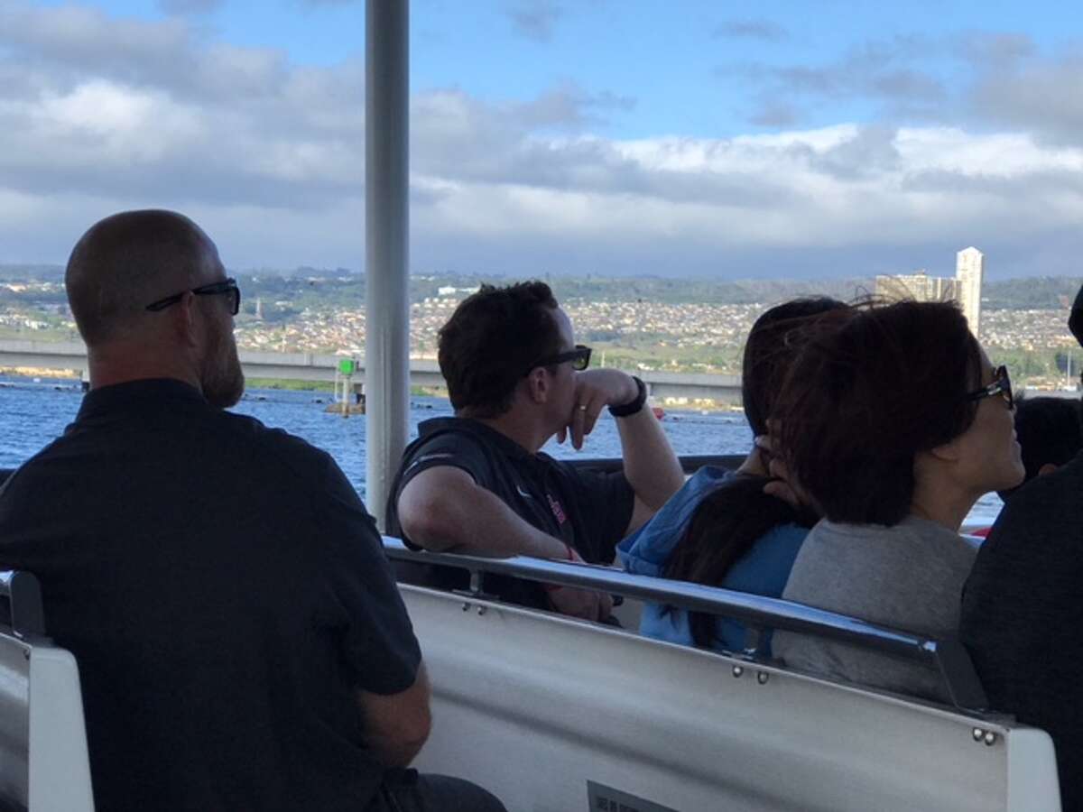 UH coach Major Applewhite on the boat ride to the USS Arizona Memorial.