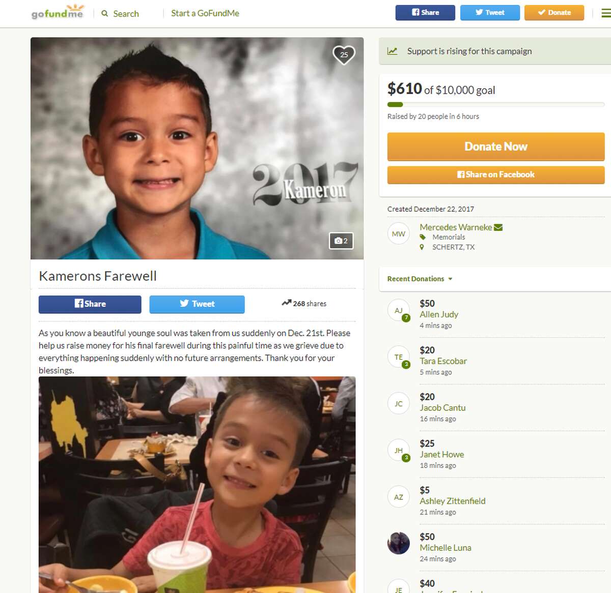 Six-year-old Kameron Prescott died Thursday when he was fatally shot in the abdomen by a stray bullet as Bexar County sheriff's deputies pursued a wanted felon and suspect in a car theft. A GoFundMe page has been created in his honor to pay for funeral expenses.