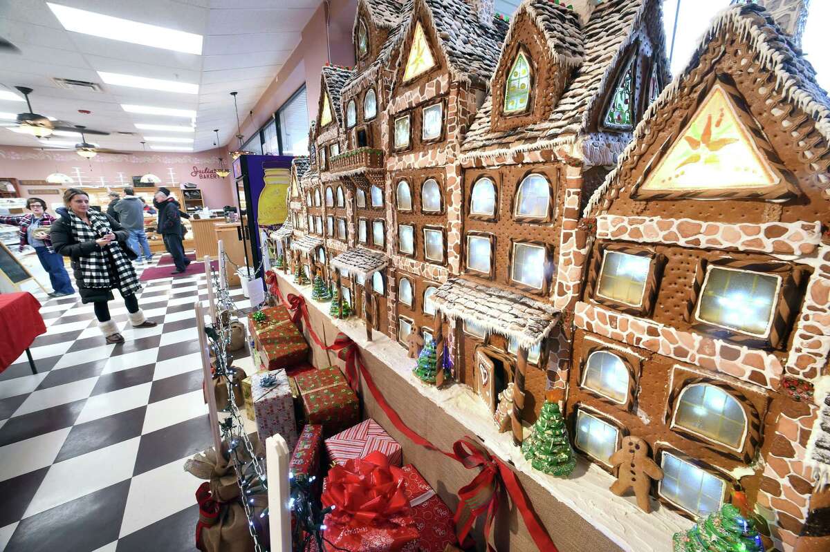 A gingerbread house in the front window of Julia's Bakery in Orange on December 22, 2017. 