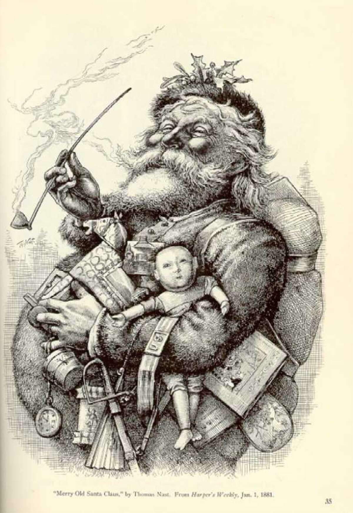 The image of a fat generous Santa Claus comes from this Thomas Nast illustration titled “Merry Old Santa Claus” from 1881.