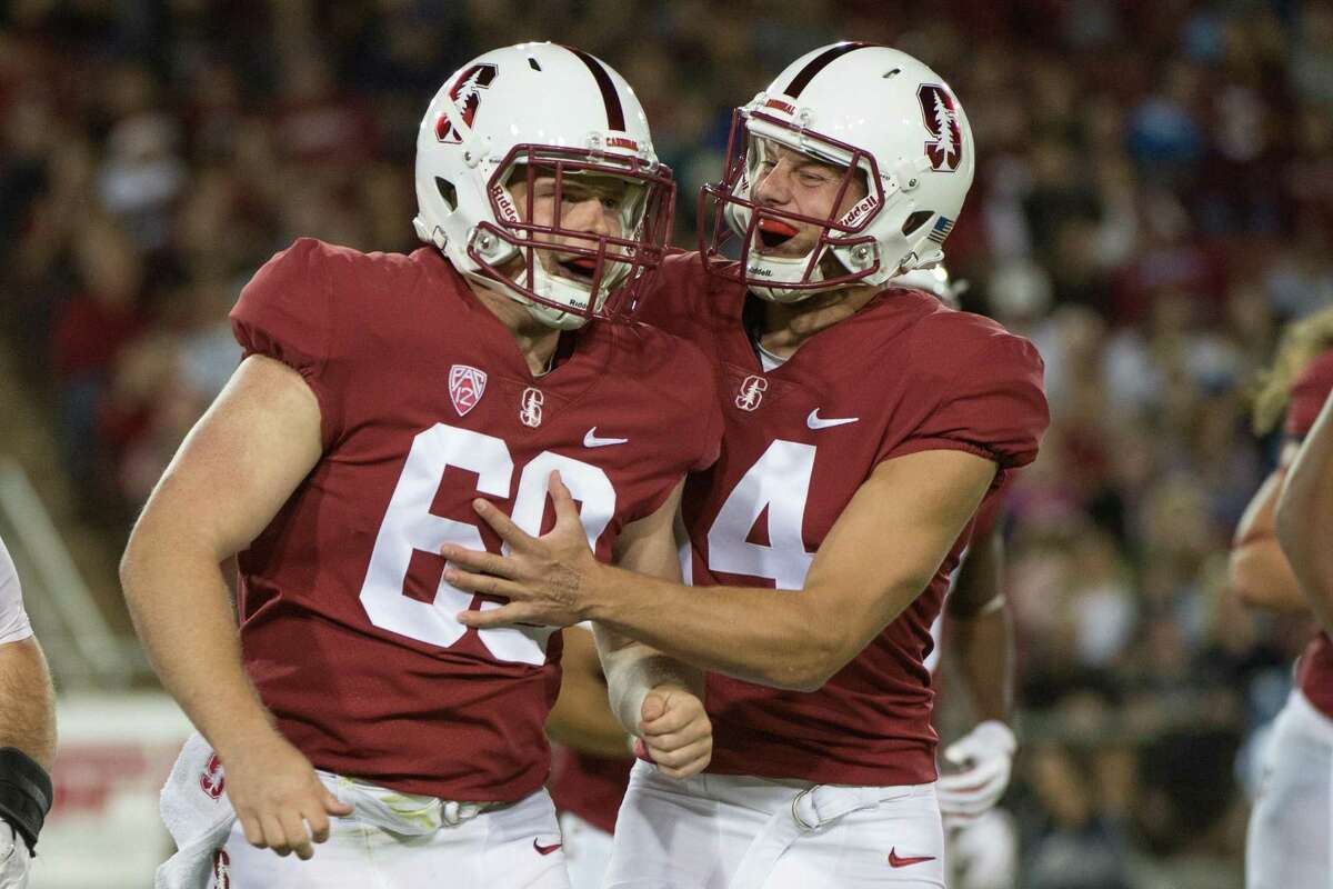 Richard McNitzky celebrates as the Stanford Cardinal open the home 2017 season with a 58-34 win over the UCLA Bruins at Stanford Stadium.