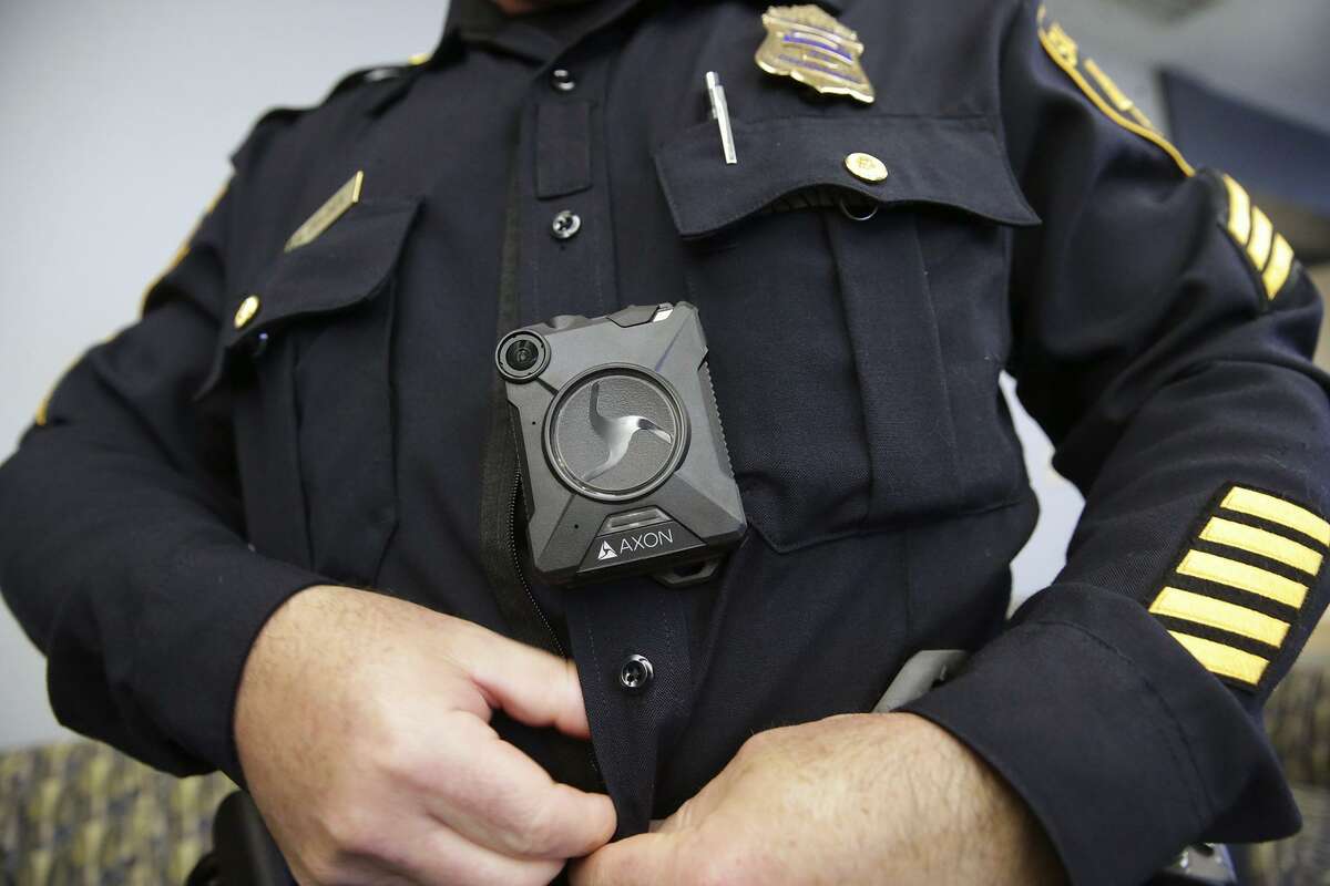 Sgt. Adam Zeldes displays his body-worn camera on Feb. 17, 2016 . A recent report by The Leadership Conference and Upturn found that four of the San Antonio Police Department’s policies regulating body-worn cameras fail to meet civil rights safeguards.