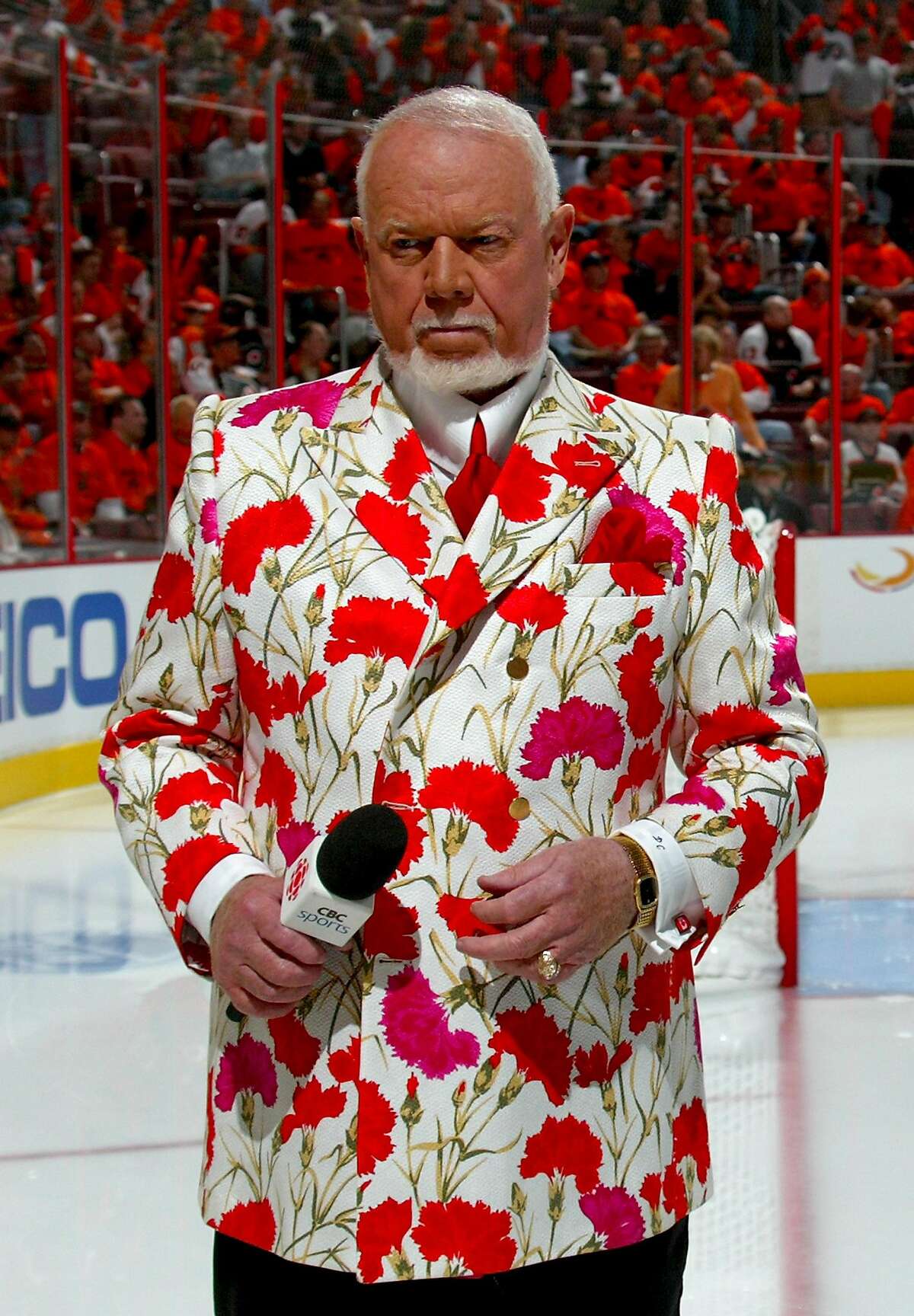 PITTSBURGH - MAY 13: Hockey commentator Don Cherry stands on the ice before the start of game three of the Eastern Conference Finals of the 2008 NHL Stanley Cup Playoffs between the Pittsburgh Penguins and the Philadelphia Flyers at Wachovia Center on May 13, 2008 in Philadelphia, Pennsylvania. 