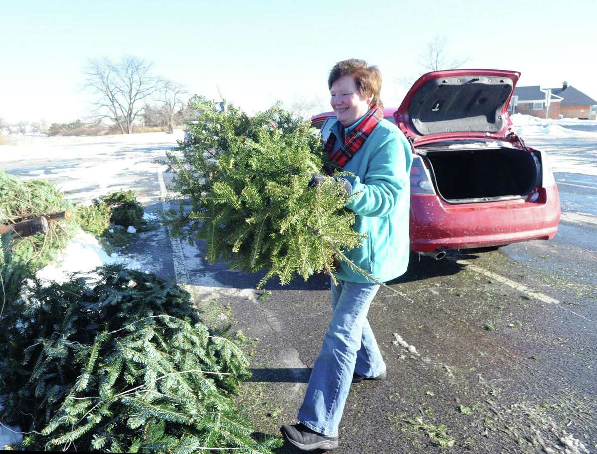 Nancy Warfield of Cos Cob places her discarded Christmas tree in the recycling pile at Greenwich Point in 2014. The town is now accepting undecorated trees through Jan. 31 at local parks and the recycling station.