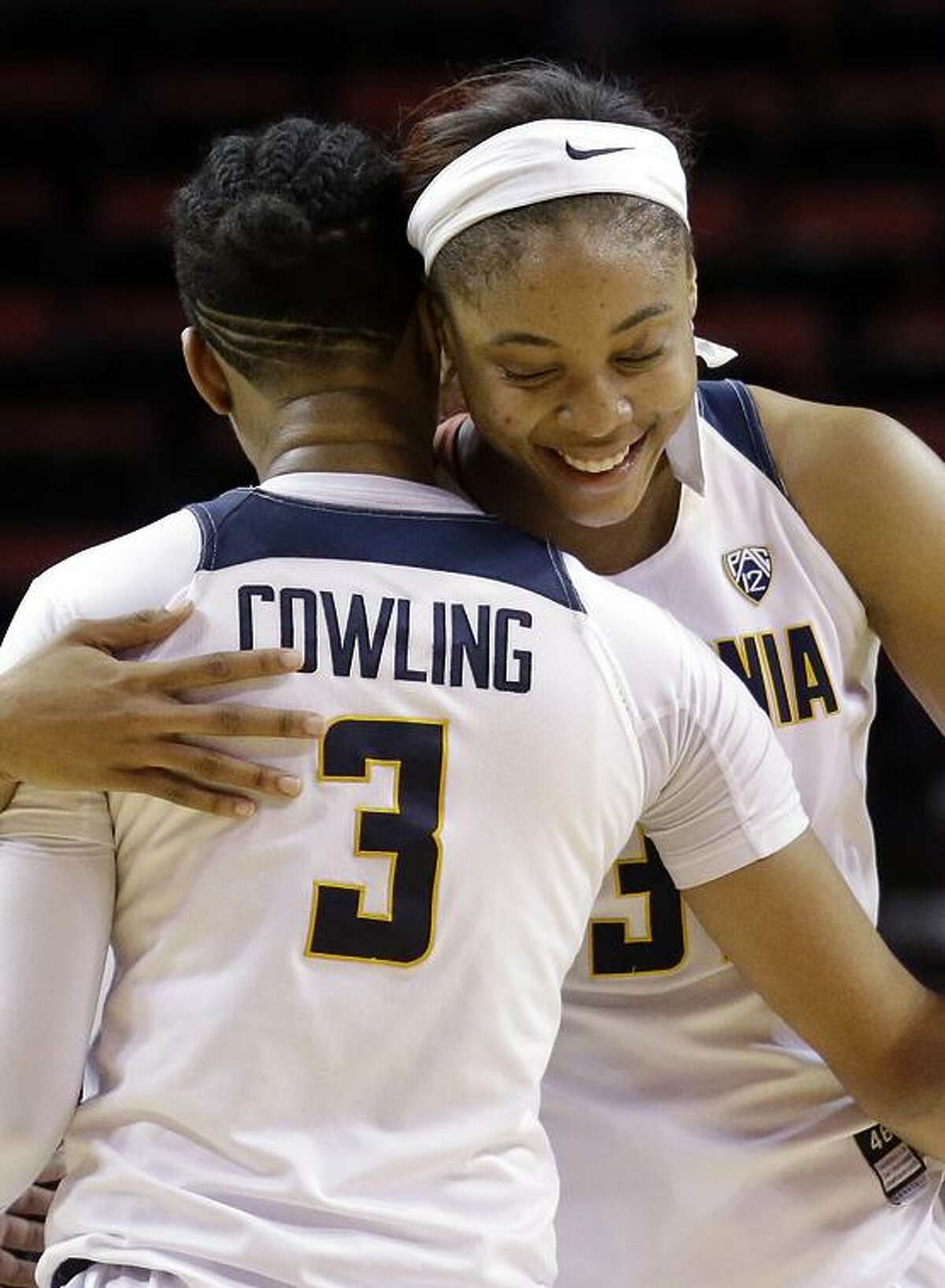 Mikayla Cowling, here embracing Kristine Anigwe, is among Cal’s best players on both sides of the court.