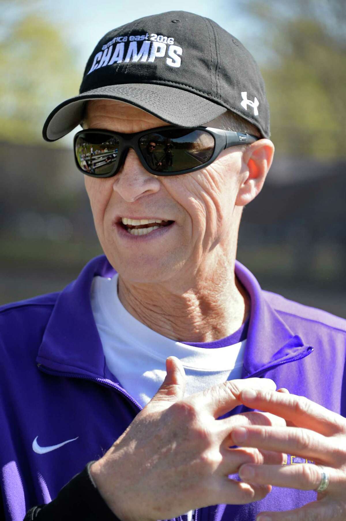 Coach Gordon Graham talks about the future of the University at Albany tennis team during their "fan appreciation" celebration after qualifying for the NCAA Tournament Saturday April 30, 2016 in Albany, NY. (John Carl D'Annibale / Times Union)